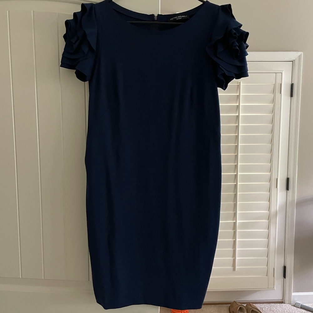 Blue dress with ruffle sleeves. Maternity wear